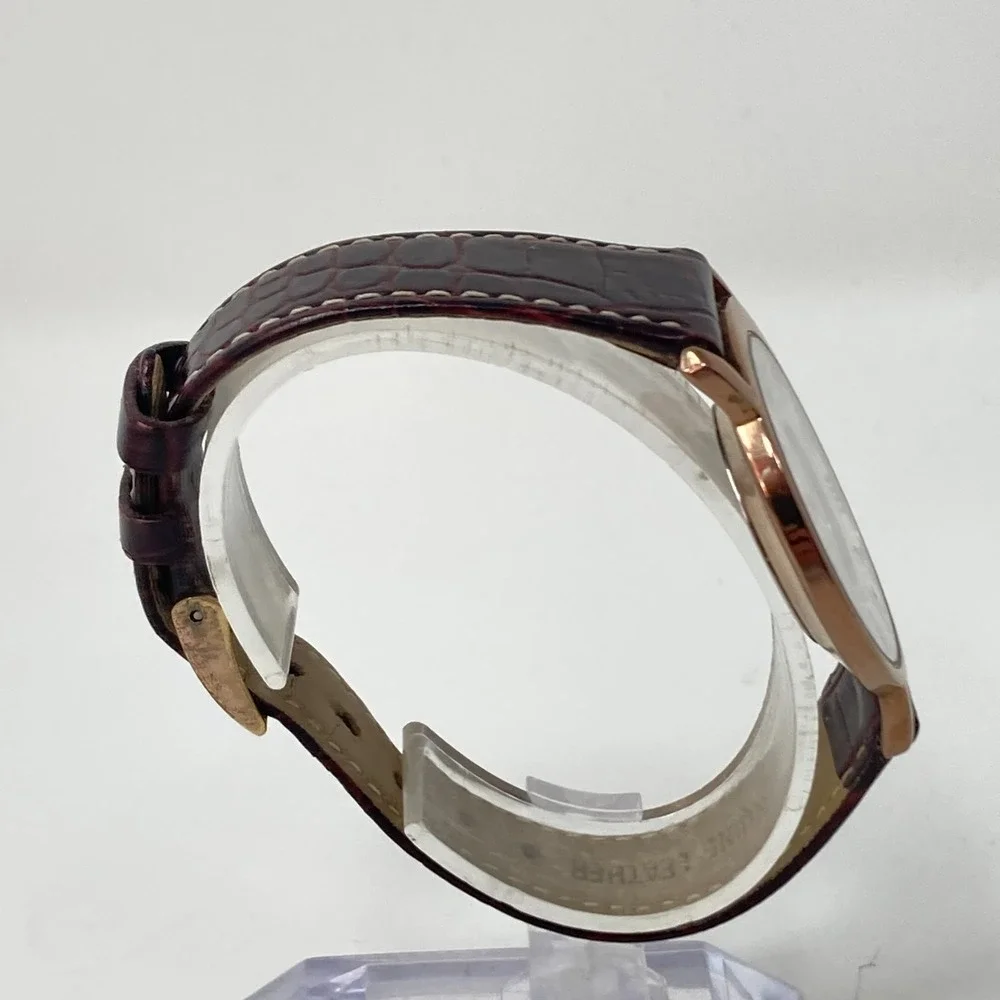 Anne Klein Womens Watch 34mm Rose Gold Tone Asymmetric Leather New Battery 7.75
